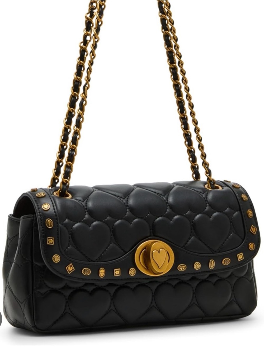 Betsey Johnson Black Quilted Heart Icon Shoulder Bag with Gold Hardware